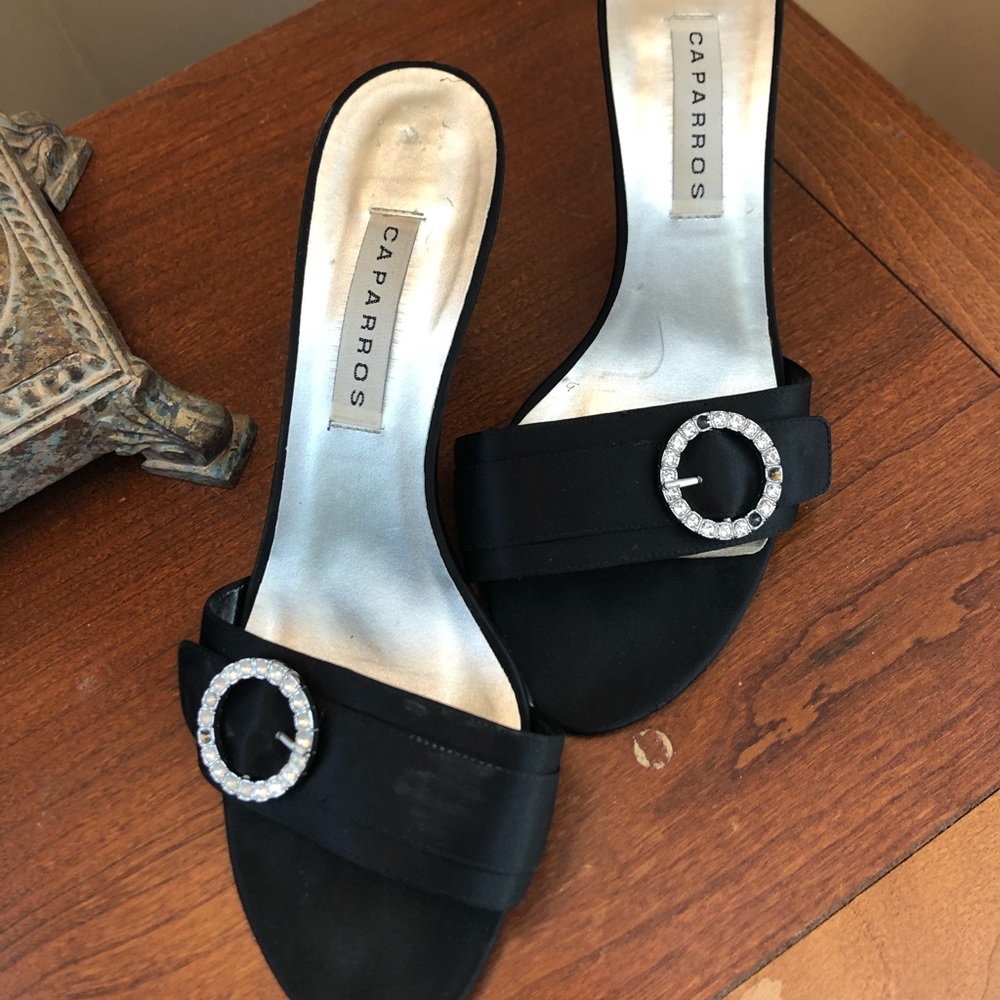 Dress Mules.  Satin with rhinestone buckle by Caparros. 3.5” heel.